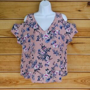 Pink Republic Blouse Womens M Pink Blue Floral‎ Cold Shoulder Lightweight V-Neck